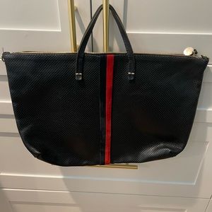 Clare V perforated leather black stripe attaché tote